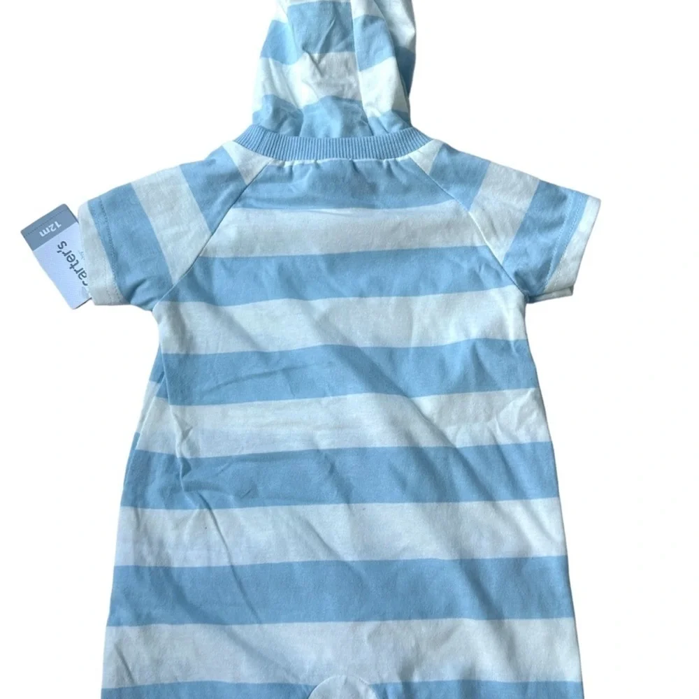 NWT Carter's Baby Boy Blue Striped Whale Snap Shorts Hooded One Piece 12 Months